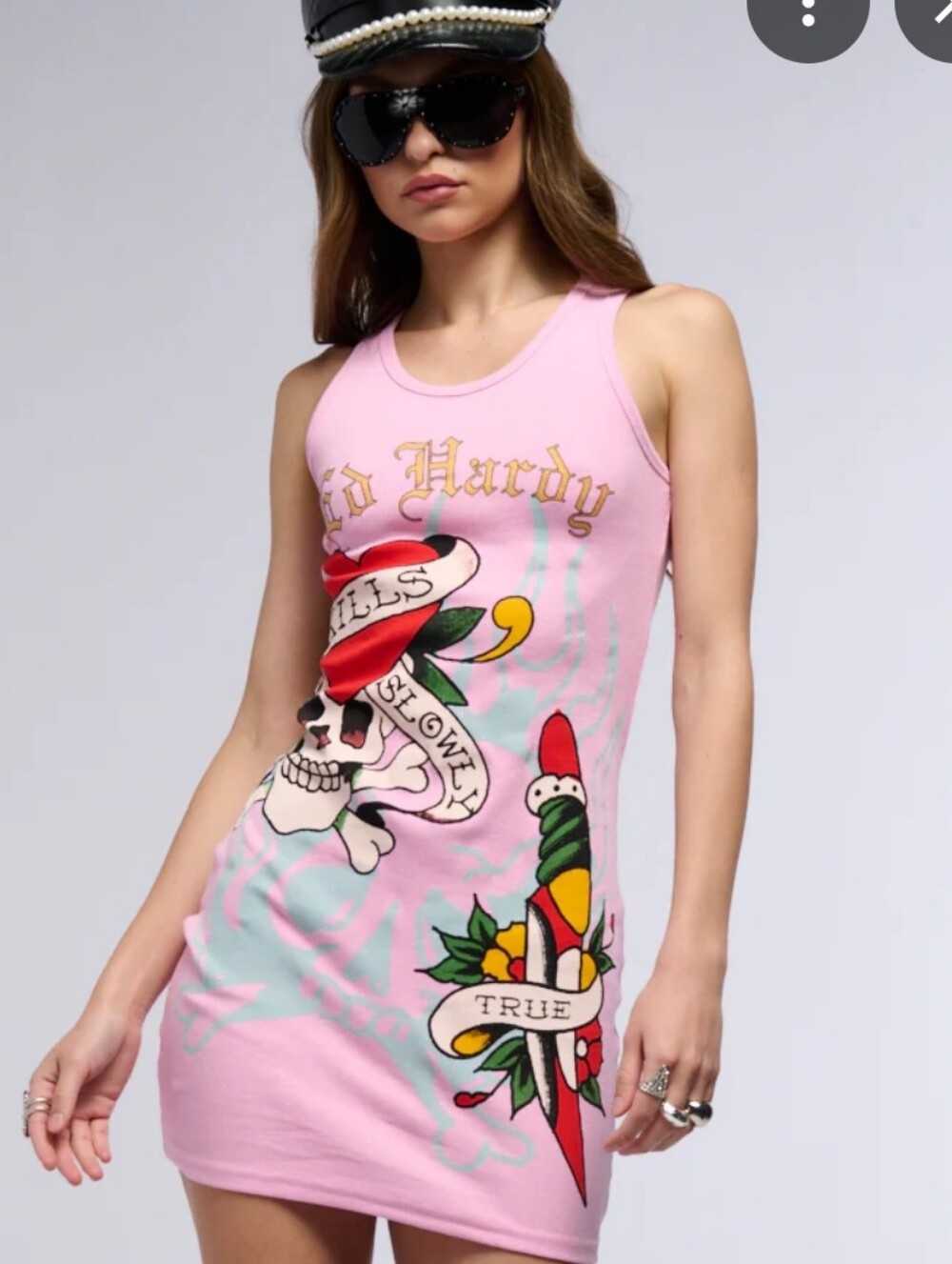 Ed Hardy Graphic Tank Dress - Heart & Skull Design